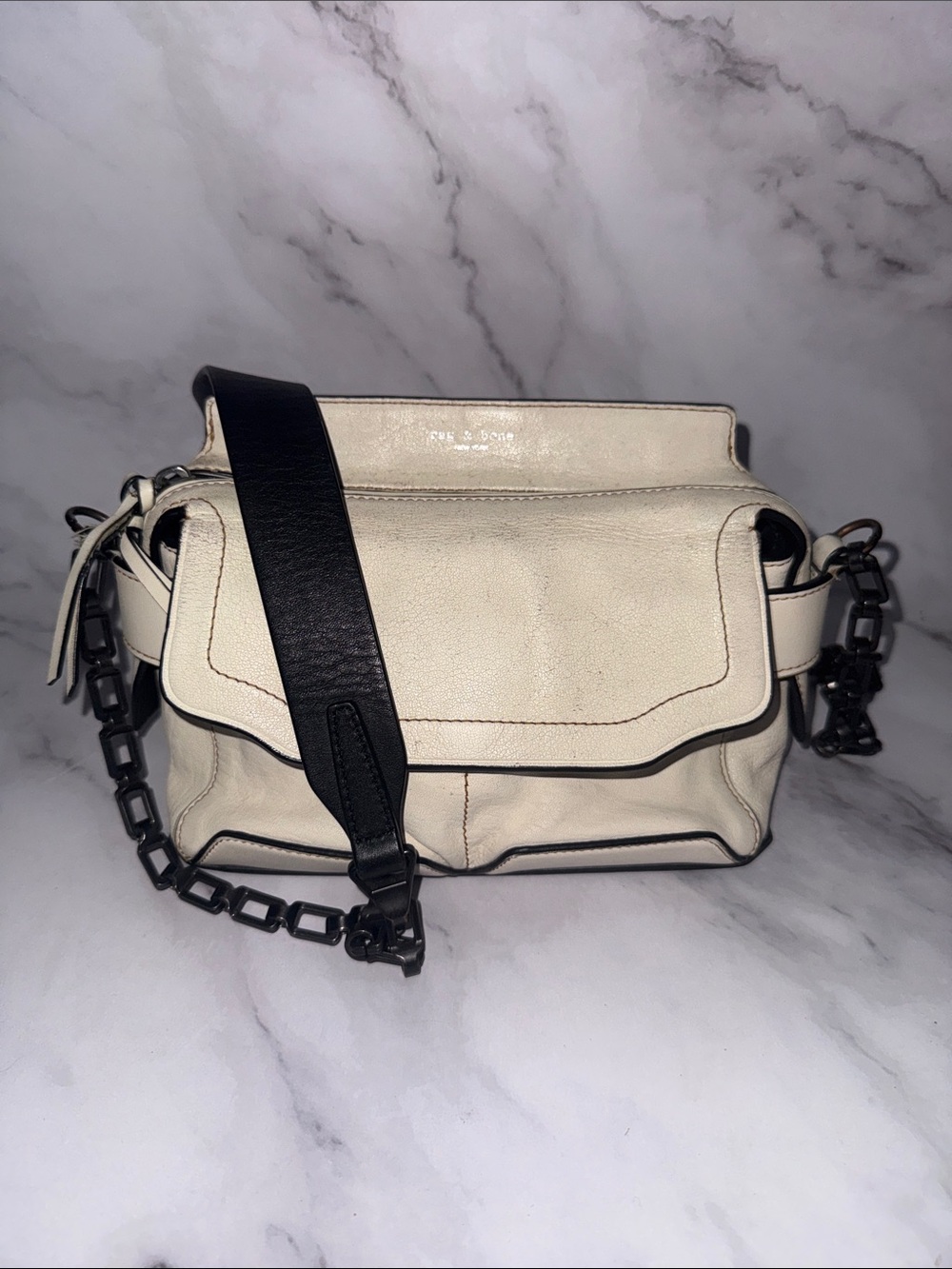 Rag and bones Chalk Pebbled Leather Shoulder Bag with Black Strap